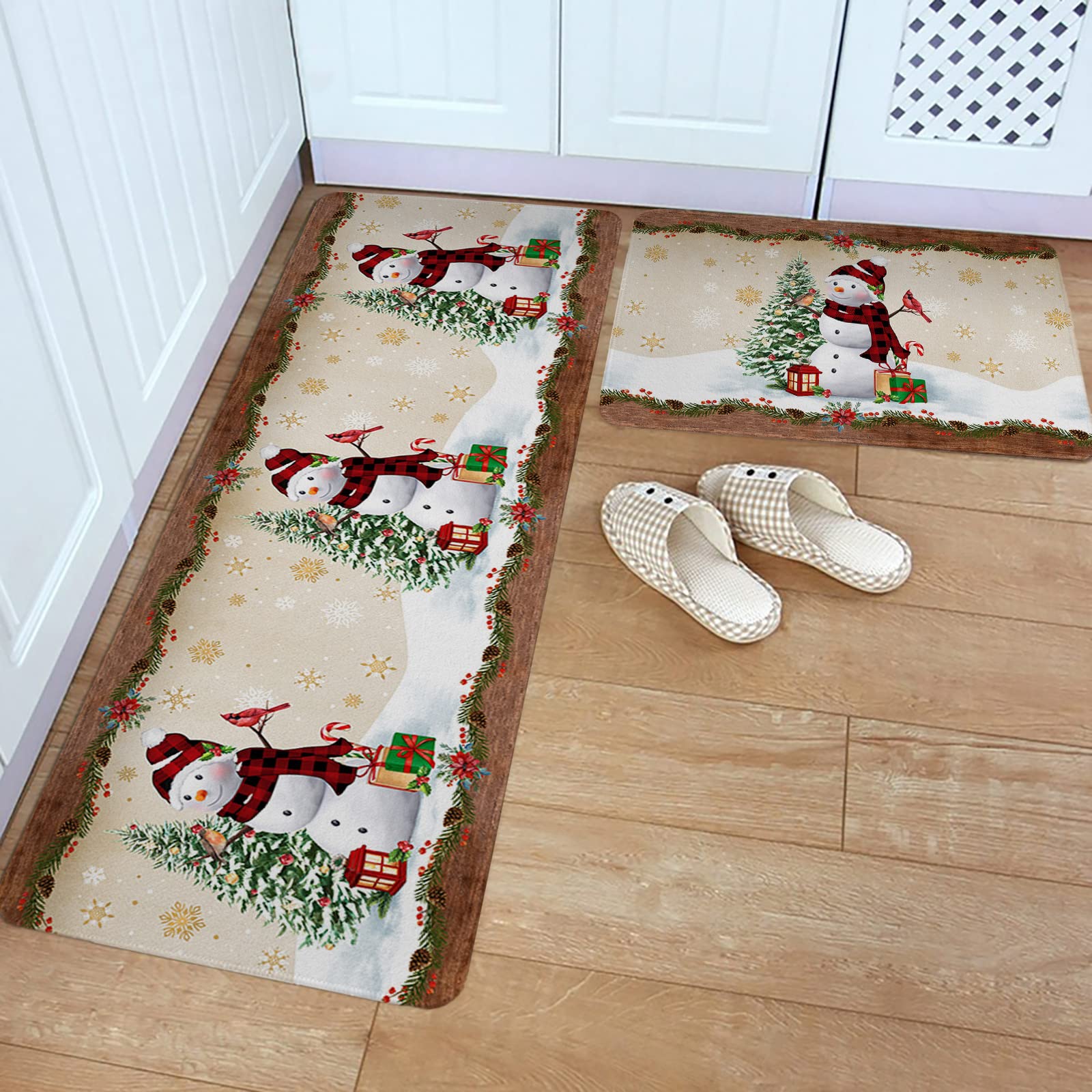 Christmas Cardinal Bird Kitchen Mats and Rugs Set of 2, Snowman Xmas Tree Snowflake Washable Absorbent Kitchen Runner Rug Rustic Brown Wood Carpet Anti-Fatigue Comfort Mat for Kitchen Bathroom Laundry