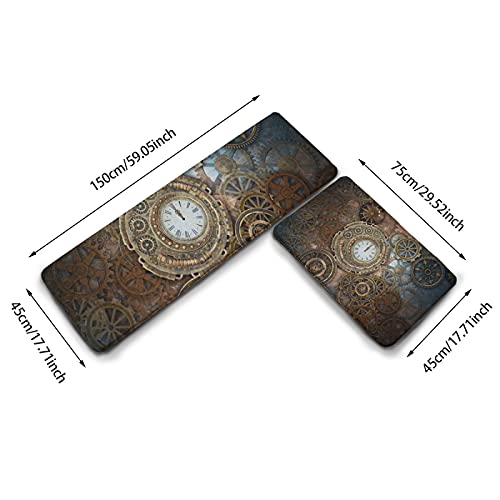 2 Pcs Kitchen Rug Set,Kitchen Mats,Rusty Steampunk Background with Clock & Different Kinds,Soft Washable Non-Slip Super Absorbent Floor Mat for Kitchen Bathroom Laundry, White