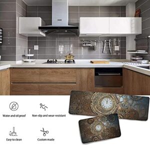 2 Pcs Kitchen Rug Set,Kitchen Mats,Rusty Steampunk Background with Clock & Different Kinds,Soft Washable Non-Slip Super Absorbent Floor Mat for Kitchen Bathroom Laundry, White