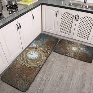 2 Pcs Kitchen Rug Set,Kitchen Mats,Rusty Steampunk Background with Clock & Different Kinds,Soft Washable Non-Slip Super Absorbent Floor Mat for Kitchen Bathroom Laundry, White