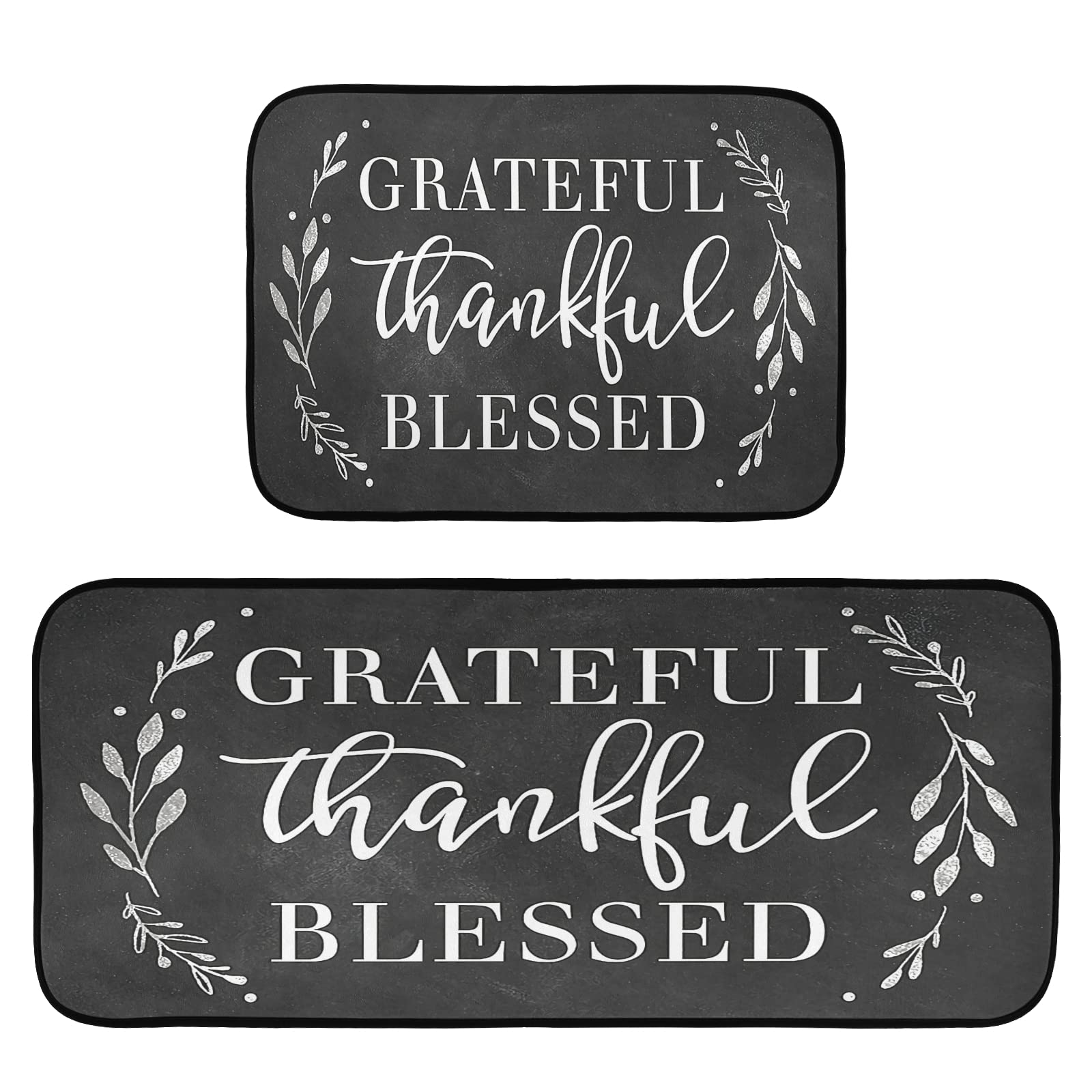 Grateful Thankful Blessed Kitchen Rugs Set 2 Piece Non-Slip Backing Washable Anti-Slip Backing Mat for Doorway Bathroom Runner Rug Carpet Set (19.7*47.2in+19.7*27.6in )