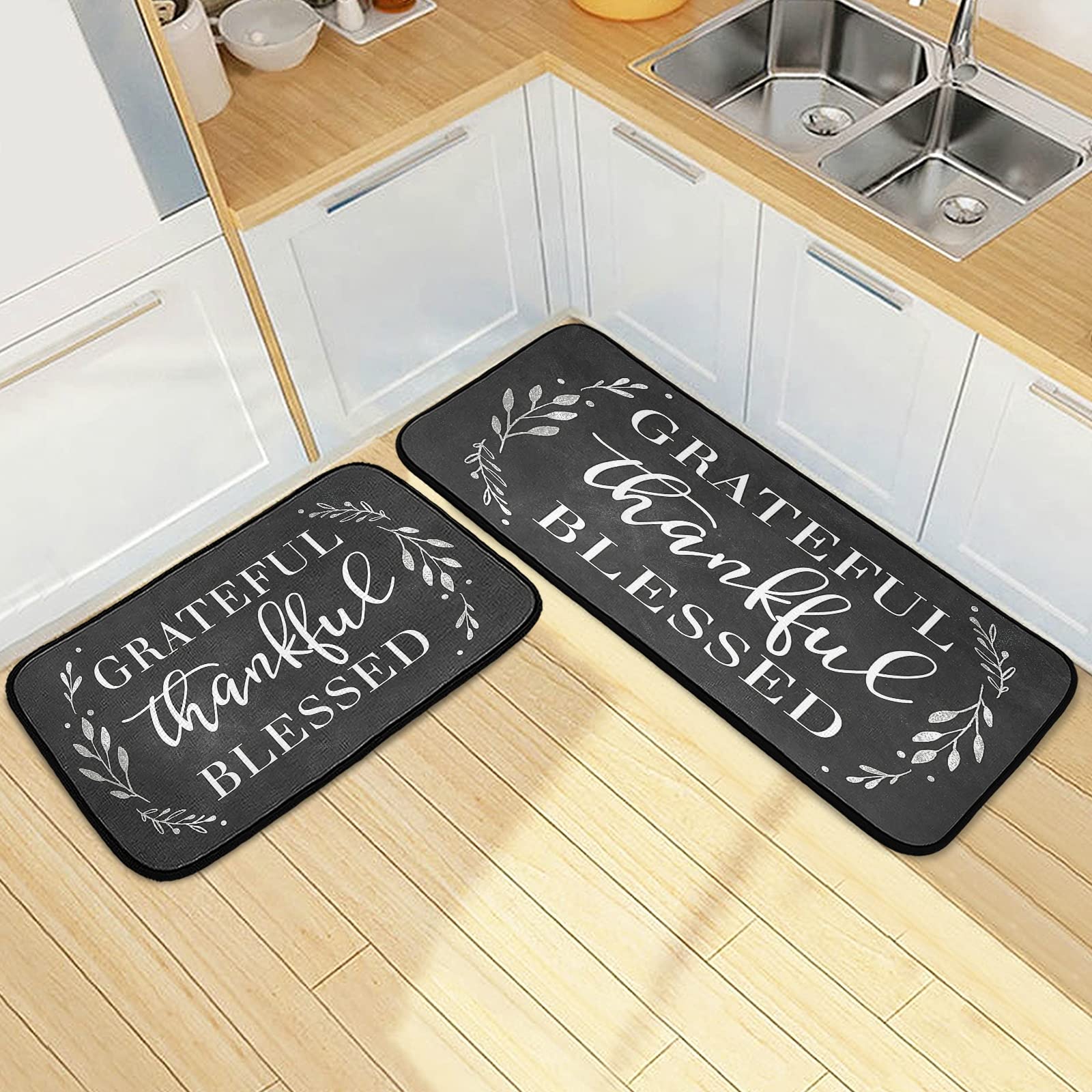 Grateful Thankful Blessed Kitchen Rugs Set 2 Piece Non-Slip Backing Washable Anti-Slip Backing Mat for Doorway Bathroom Runner Rug Carpet Set (19.7*47.2in+19.7*27.6in )