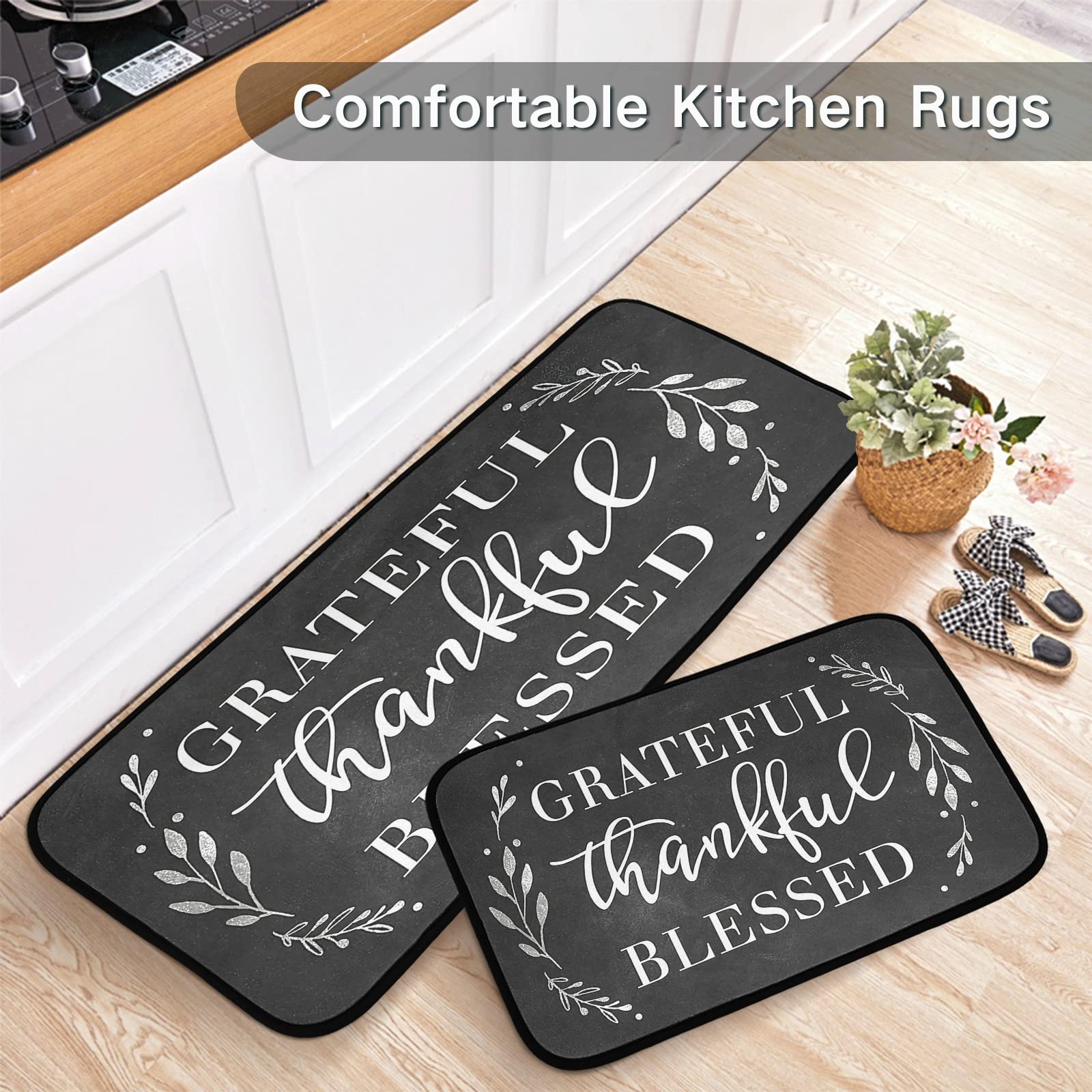 Grateful Thankful Blessed Kitchen Rugs Set 2 Piece Non-Slip Backing Washable Anti-Slip Backing Mat for Doorway Bathroom Runner Rug Carpet Set (19.7*47.2in+19.7*27.6in )