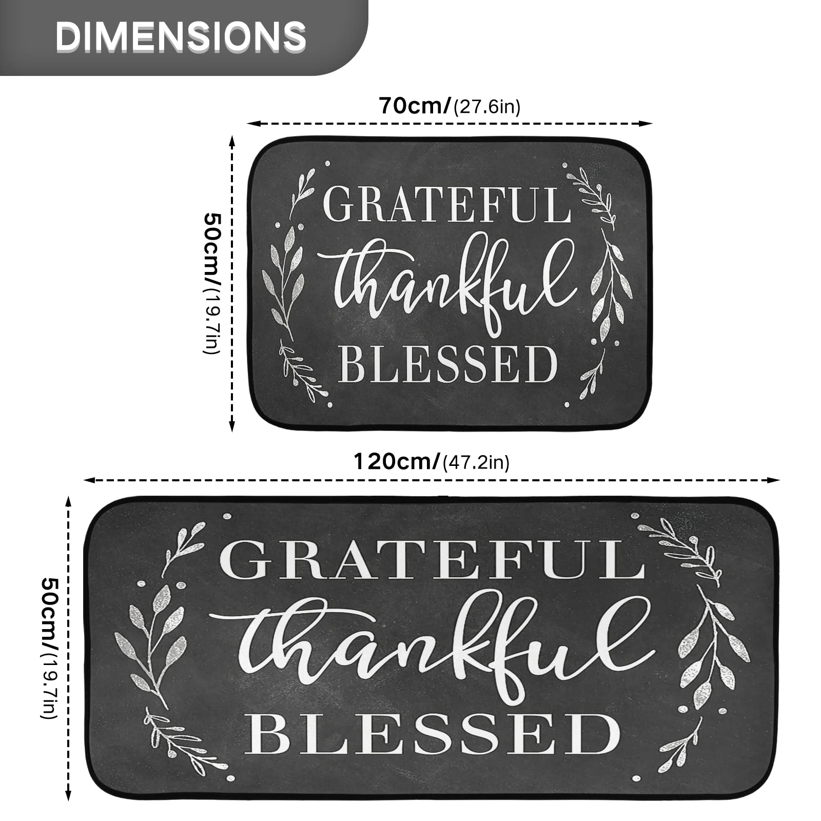 Grateful Thankful Blessed Kitchen Rugs Set 2 Piece Non-Slip Backing Washable Anti-Slip Backing Mat for Doorway Bathroom Runner Rug Carpet Set (19.7*47.2in+19.7*27.6in )