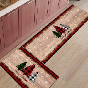 Merry Chirstmas Kitchen Rugs Sets 2 Piece Floor Mats Buffalo Plaid Farm Xmas Tree Snowflake Pine Tree Doormat Non-Slip Backing Area Rugs Carpet Inside Door Mat Pad Sets-19.7" x 31.5"+19.7" x 63"