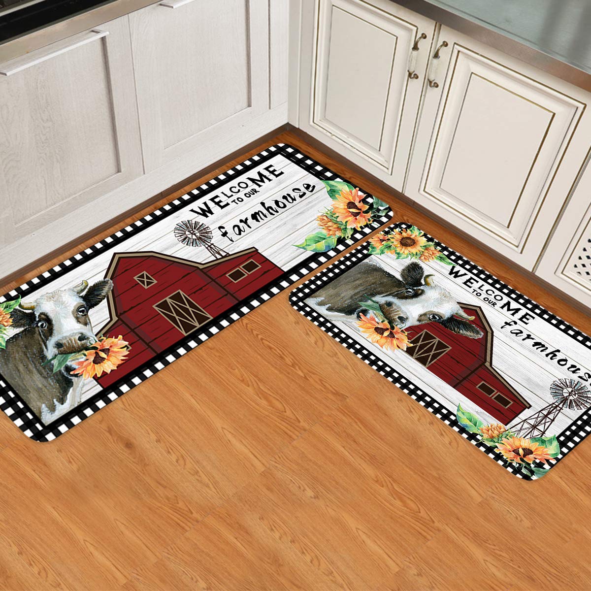 Kitchen Comfort Mat Set of 2 Farm Cow Non-Slip Backing Waterproof Anti-Fatigue Standing Mats Wipeable Rugs for Kitchen Sunflower Rustic Barn Wood Country Style Farmhouse 19.7x31.5inch+19.7x47.2inch