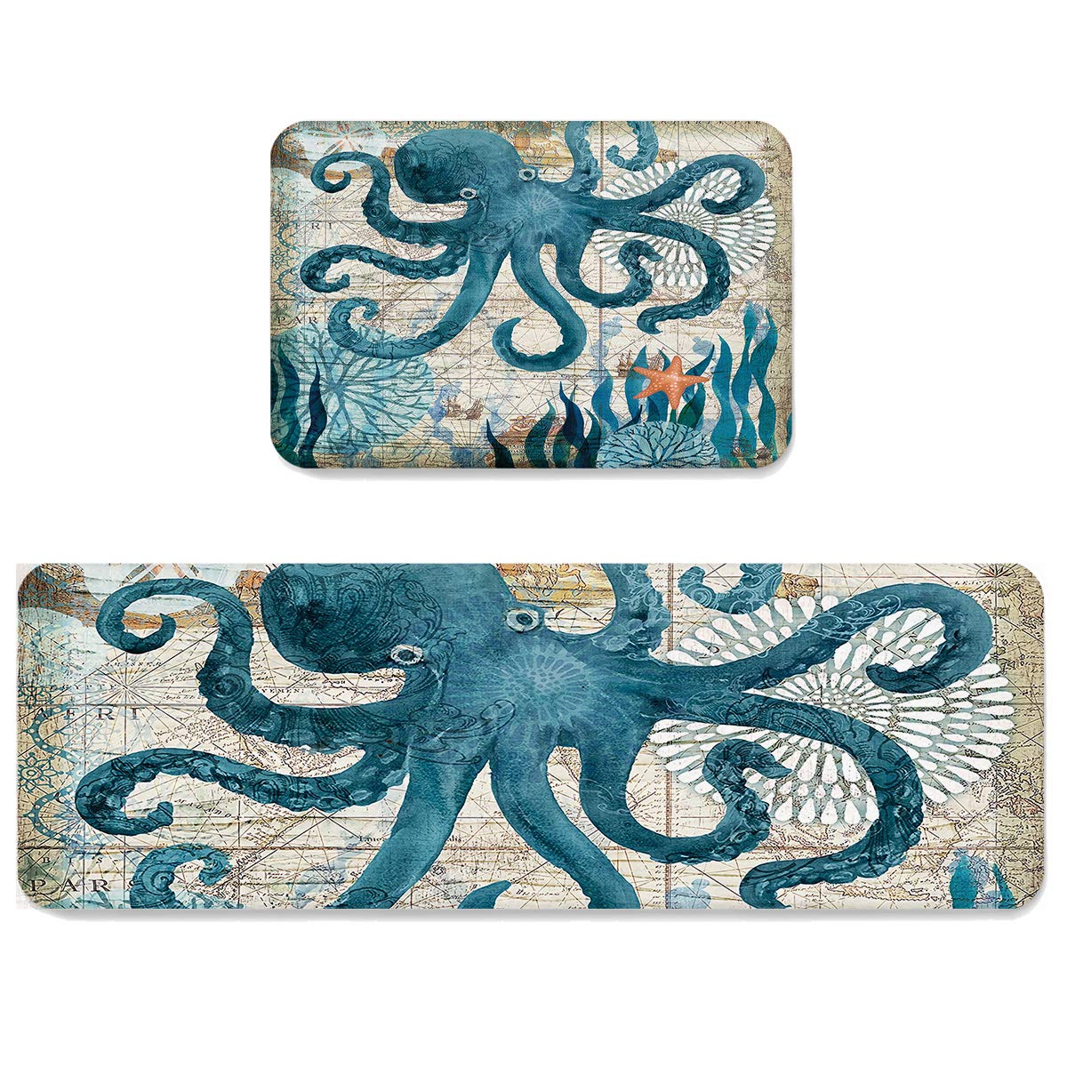 Livencher Kitchen Floor Rug Set 2 Piece Non-Slip Bath Mat Doormat Area Rug Floor Mat for Indoor Home Hotel Office Use, Sea Theme Blue Octopus Coastal Navigation Map 15.7x23.6in+15.7x47.2in