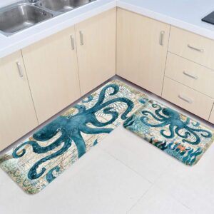 Livencher Kitchen Floor Rug Set 2 Piece Non-Slip Bath Mat Doormat Area Rug Floor Mat for Indoor Home Hotel Office Use, Sea Theme Blue Octopus Coastal Navigation Map 15.7x23.6in+15.7x47.2in