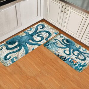 Livencher Kitchen Floor Rug Set 2 Piece Non-Slip Bath Mat Doormat Area Rug Floor Mat for Indoor Home Hotel Office Use, Sea Theme Blue Octopus Coastal Navigation Map 15.7x23.6in+15.7x47.2in