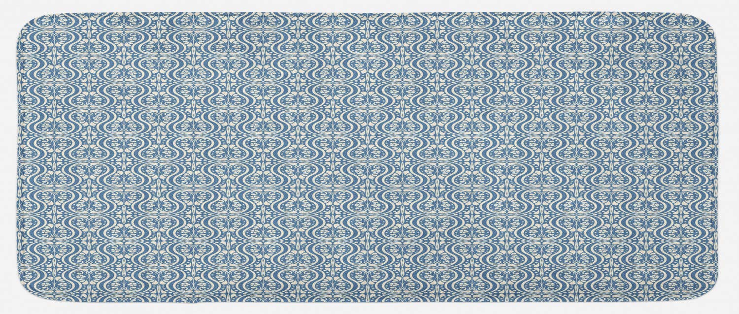 Ambesonne Damask Kitchen Mat, Symmetrical Flowers and Curls Wavy Lines Old Ornamental Curves Tile, Plush Decorative Kitchen Mat with Non Slip Backing, 47" X 19", Slate Blue Ivory