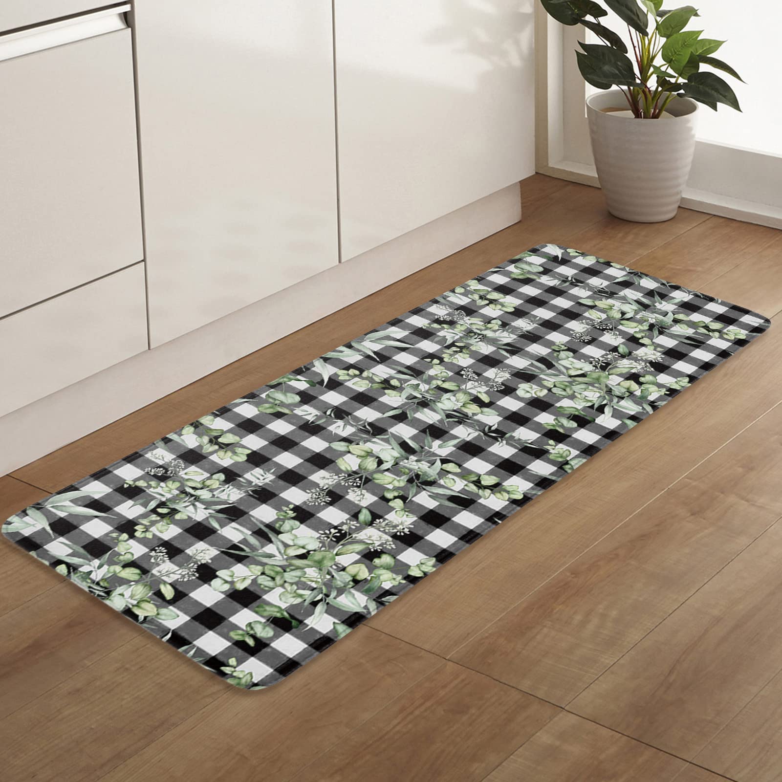 Indoor Door Mat,Summer Green Eucalyptus Leaf Black Buffalo Plaid Soft Non-Slip Absorbent Kitchen Rug,Farm Plant Vintage Check Floor Mat Entrance Rugs for Bedroom Living Room 18x30In