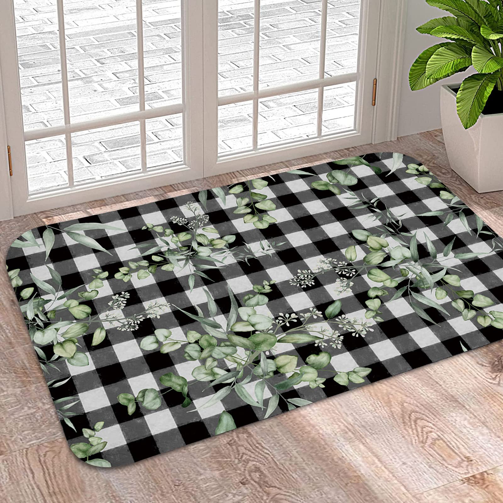 Indoor Door Mat,Summer Green Eucalyptus Leaf Black Buffalo Plaid Soft Non-Slip Absorbent Kitchen Rug,Farm Plant Vintage Check Floor Mat Entrance Rugs for Bedroom Living Room 18x30In