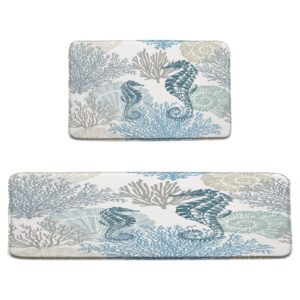 rdruva 2 piece nautical coastal kitchen rugs seahorse bathroom mat ocean animal seashell coral watercolor marine themed absorbent floor mats for sink, laundry,kitchen (17.8"x29.5"+15.7"x47.2")