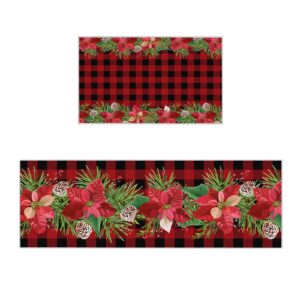 merry christmas kitchen rugs sets 2 piece floor mats poinsettia flowers red black buffalo plaid doormat non-slip rubber backing area rugs washable carpet inside door mat pad sets-16"x 24"+16"x47"