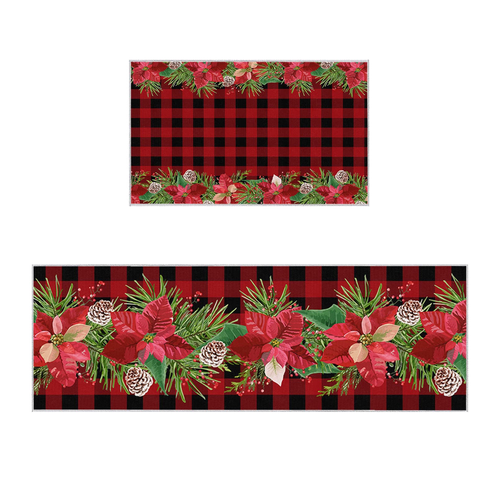 Merry Christmas Kitchen Rugs Sets 2 Piece Floor Mats Poinsettia Flowers Red Black Buffalo Plaid Doormat Non-Slip Rubber Backing Area Rugs Washable Carpet Inside Door Mat Pad Sets-16"x 24"+16"x47"