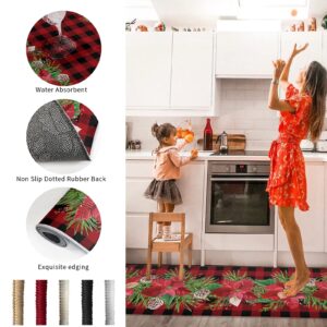 Merry Christmas Kitchen Rugs Sets 2 Piece Floor Mats Poinsettia Flowers Red Black Buffalo Plaid Doormat Non-Slip Rubber Backing Area Rugs Washable Carpet Inside Door Mat Pad Sets-16"x 24"+16"x47"