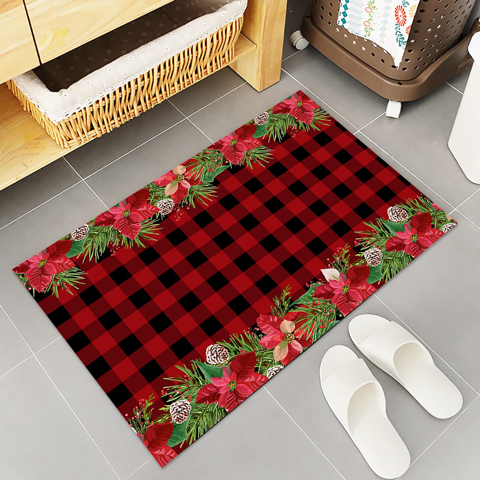 Merry Christmas Kitchen Rugs Sets 2 Piece Floor Mats Poinsettia Flowers Red Black Buffalo Plaid Doormat Non-Slip Rubber Backing Area Rugs Washable Carpet Inside Door Mat Pad Sets-16"x 24"+16"x47"