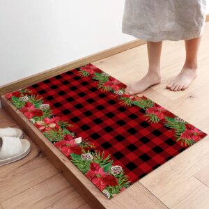 Merry Christmas Kitchen Rugs Sets 2 Piece Floor Mats Poinsettia Flowers Red Black Buffalo Plaid Doormat Non-Slip Rubber Backing Area Rugs Washable Carpet Inside Door Mat Pad Sets-16"x 24"+16"x47"