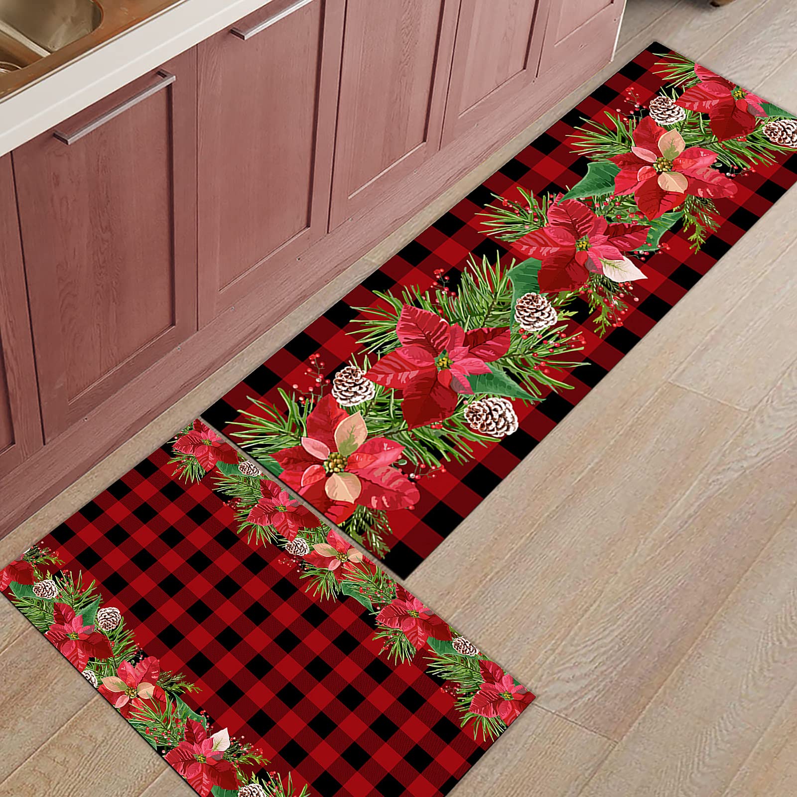 Merry Christmas Kitchen Rugs Sets 2 Piece Floor Mats Poinsettia Flowers Red Black Buffalo Plaid Doormat Non-Slip Rubber Backing Area Rugs Washable Carpet Inside Door Mat Pad Sets-16"x 24"+16"x47"