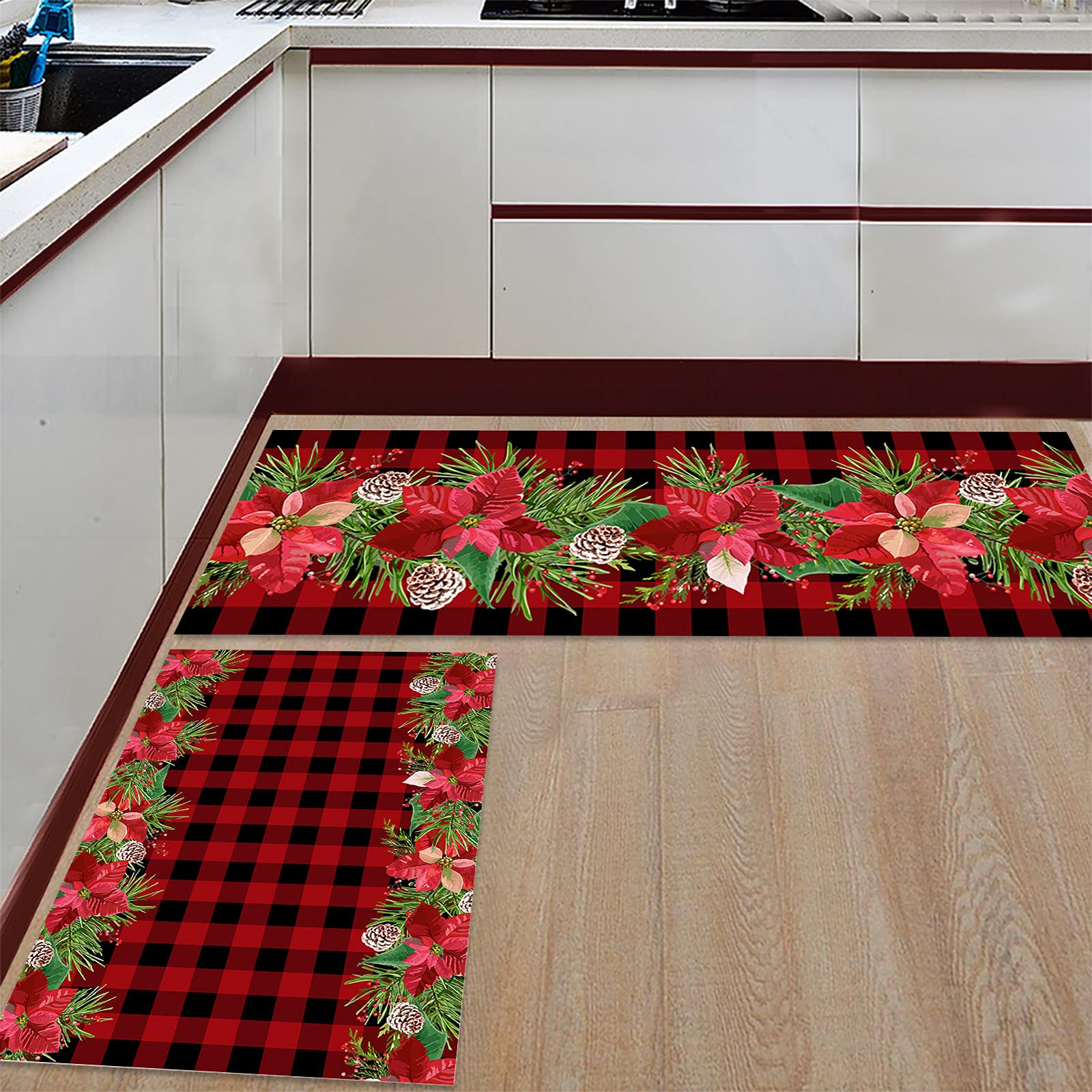 Merry Christmas Kitchen Rugs Sets 2 Piece Floor Mats Poinsettia Flowers Red Black Buffalo Plaid Doormat Non-Slip Rubber Backing Area Rugs Washable Carpet Inside Door Mat Pad Sets-16"x 24"+16"x47"