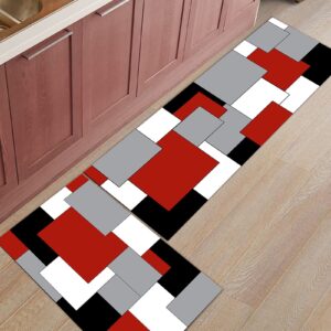 geometry abstract art kitchen rugs sets 2 pcs floor mats white grey black red modern art geometric doormat non-slip rubber backing area rugs carpet inside door mat pad sets,16"x 24"+16"x47"