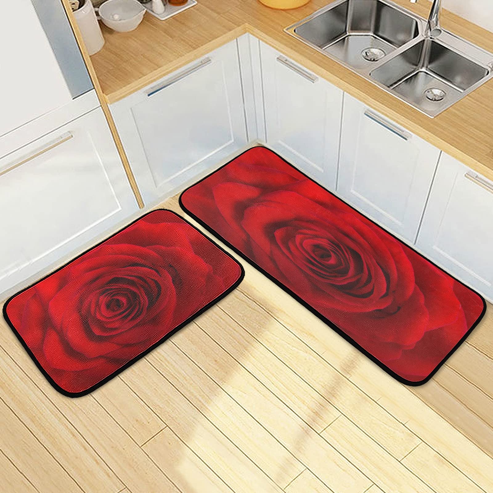 ALAZA Red Rose Flower 2 Piece Kitchen Rug Floor Mat Set Runner Rugs Non-Slip for Kitchen Laundry Office 20" x 28" + 20" x 48"