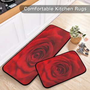 ALAZA Red Rose Flower 2 Piece Kitchen Rug Floor Mat Set Runner Rugs Non-Slip for Kitchen Laundry Office 20" x 28" + 20" x 48"
