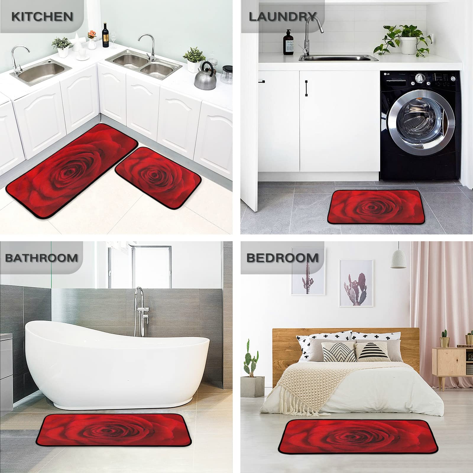 ALAZA Red Rose Flower 2 Piece Kitchen Rug Floor Mat Set Runner Rugs Non-Slip for Kitchen Laundry Office 20" x 28" + 20" x 48"