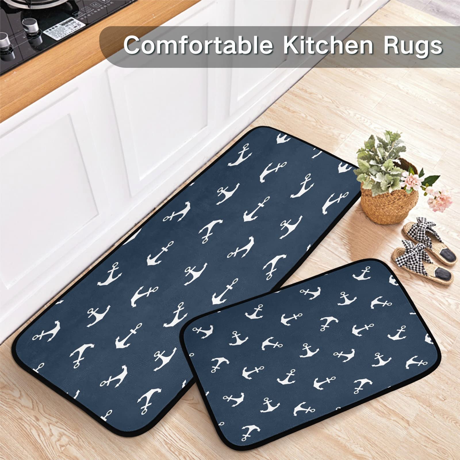 ALAZA Anchor Nautical Blue Ocean 2 Piece Kitchen Rug Floor Mat Set Runner Rugs Non-Slip for Kitchen Laundry Office 20" x 28" + 20" x 48"