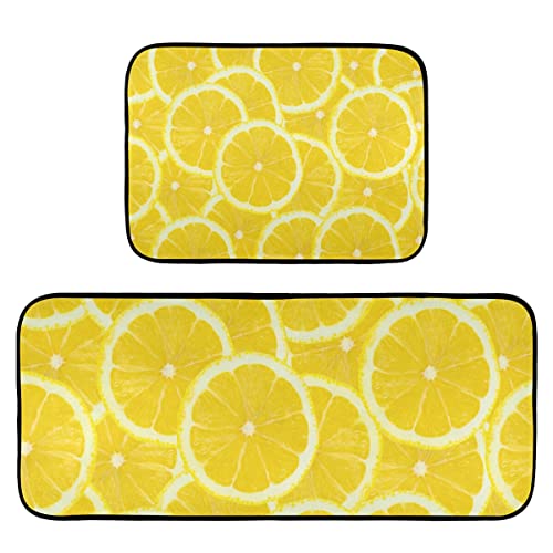 Yellow Lemon Kitchen Rugs and Mats Set 2 Piece Non Slip Washable Runner Rug Set of 2 for Kitchen Living Room Floor Home Decor