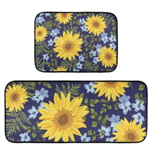 sunflowers navy background kitchen rugs and mats set 2 piece non slip washable runner rug set of 2 for floor home decor sink kitchen laundry
