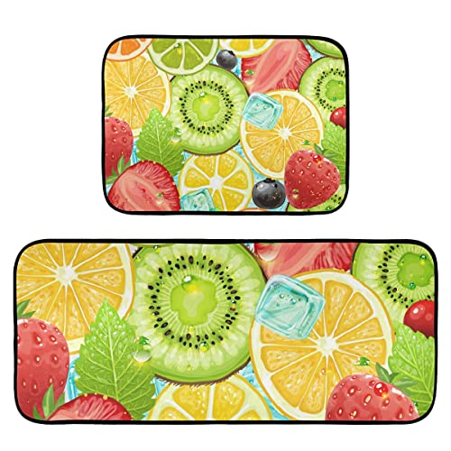 Lemon Strawberry Kitchen Rugs and Mats Set 2 Piece Non Slip Washable Runner Rug Set of 2 for Floor Home Kitchen Laundry Decorative