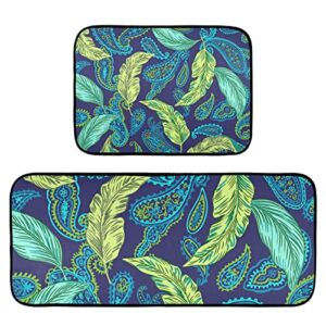 blue paisley leaves kitchen rugs and mats set 2 piece non slip washable runner rug set of 2 for floor home decor sink kitchen laundry