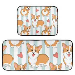 emelivor cute corgi kitchen rugs and mats set 2 piece non slip washable runner rug set of 2 for floor home kitchen laundry decorative