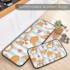 Emelivor Cute Corgi Kitchen Rugs and Mats Set 2 Piece Non Slip Washable Runner Rug Set of 2 for Floor Home Kitchen Laundry Decorative