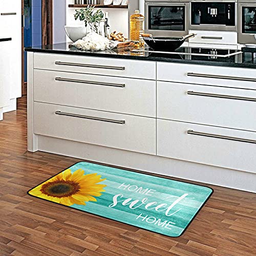 Teal Turquoise Green Wooden Sunflowers Kitchen Rugs Non Slip Home Sweet Home Kitchen Mats Bath Rug livingroom Doormats for Home Decor, Washable, 39 x 20 Inch