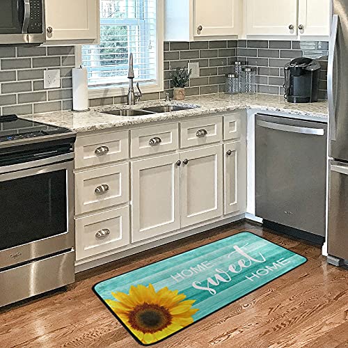 Teal Turquoise Green Wooden Sunflowers Kitchen Rugs Non Slip Home Sweet Home Kitchen Mats Bath Rug livingroom Doormats for Home Decor, Washable, 39 x 20 Inch