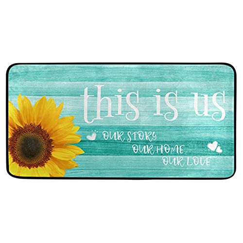 Teal Turquoise Green Wooden Sunflowers Kitchen Rugs Non Slip This is us Kitchen Mats Bath Rug livingroom Doormats for Home Decor, Washable, 39 x 20 Inch