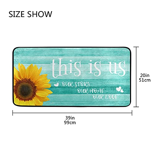 Teal Turquoise Green Wooden Sunflowers Kitchen Rugs Non Slip This is us Kitchen Mats Bath Rug livingroom Doormats for Home Decor, Washable, 39 x 20 Inch