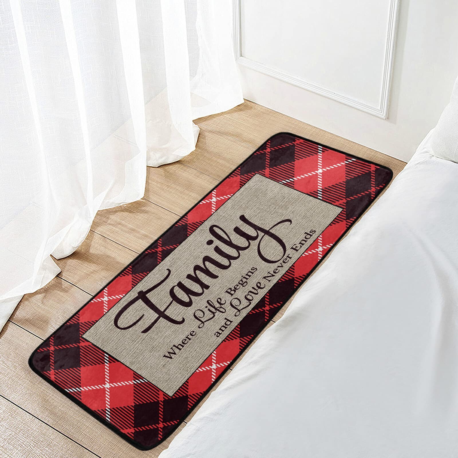 Sinestour Red Buffalo Plaid Kitchen Rugs Non Slip Kitchen Mats Family Doormat Bathroom Runner Area Rug for Home Decor, Washable, 39 x 20 Inch