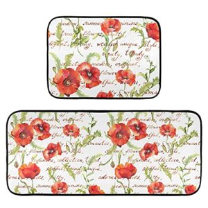 emelivor poppy flowers summer kitchen rugs and mats set 2 piece non slip washable runner rug set of 2 for kitchen floor home sink ladunry office