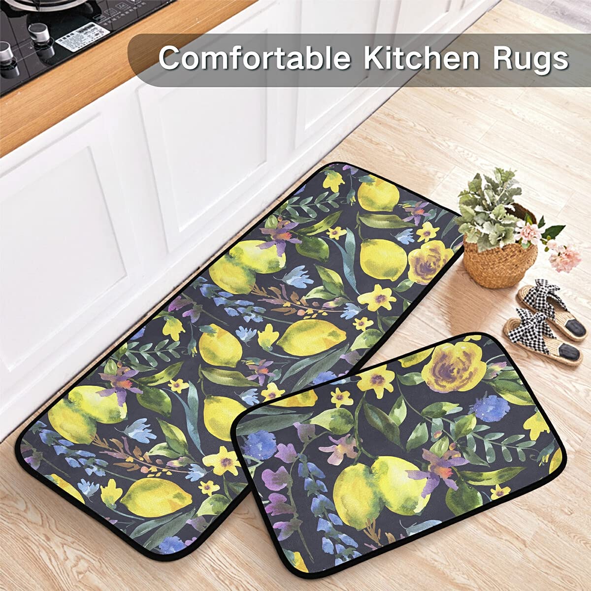 Floral Citrus Fruit Lemon Kitchen Rugs and Mats Set 2 Piece Non Slip Washable Runner Rug Set of 2 for Floor Home Decor Sink Kitchen Laundry