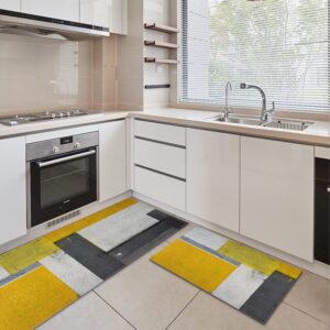 2 Pcs Kitchen Rug Set,Grey and Yellow ,Street Modern Rock Abstract Square Non-Slip Cushioned Anti-Fatigue Kitchen Mats and Rugs Soft Crystal velvet Non-Slip Area Runner Rugs Washable Durable Doormat