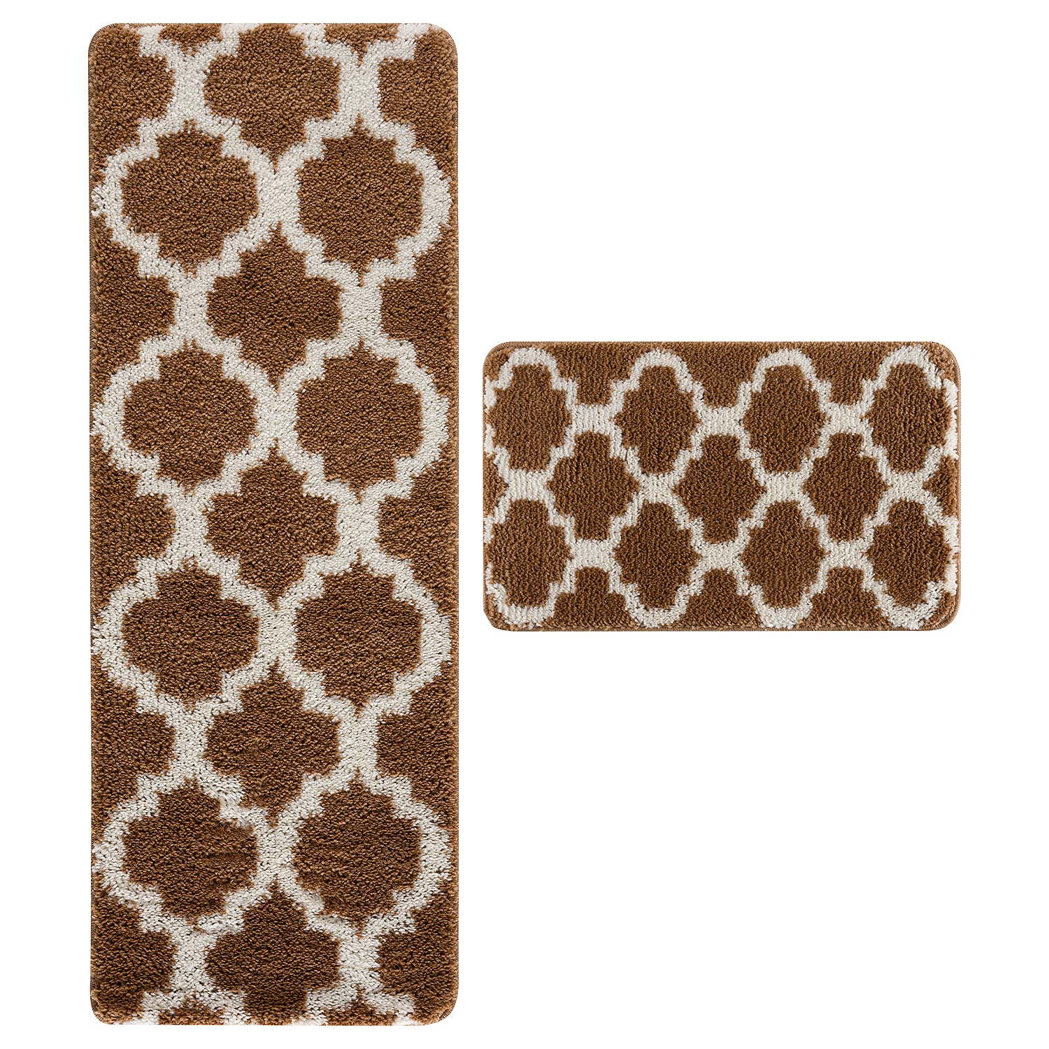 wunderlin Soft Trellis Kitchen Runner Rugs Collection Non-Slip Kitchen Washable Rugs for Kitchen Floor Set Carpet Kitchen Rugs Sets of Two (Brown)