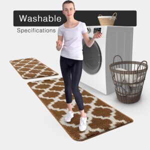 wunderlin Soft Trellis Kitchen Runner Rugs Collection Non-Slip Kitchen Washable Rugs for Kitchen Floor Set Carpet Kitchen Rugs Sets of Two (Brown)