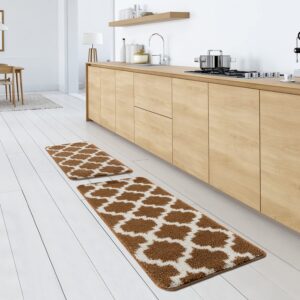 wunderlin Soft Trellis Kitchen Runner Rugs Collection Non-Slip Kitchen Washable Rugs for Kitchen Floor Set Carpet Kitchen Rugs Sets of Two (Brown)