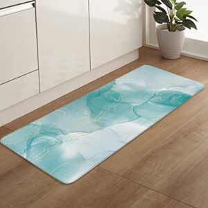 ZOE GARDEN 2 Pcs Kitchen Rug Set, Marble Aqua Non-Slip Kitchen Mats and Rugs Comfort Floor Door Mat Doormat, Long Throw Bath Runner Rug Mat Gradient Gold Aesthetics Abstract Minimalist Art