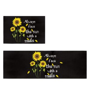 idowmat kitchen rug sets of 2 - absorbent non-slip kitchen mats farmhouse yellow sunflower black background floor comfort mats doormat for kitchen office laundry 15.7x23.6in + 15.7x47.2in