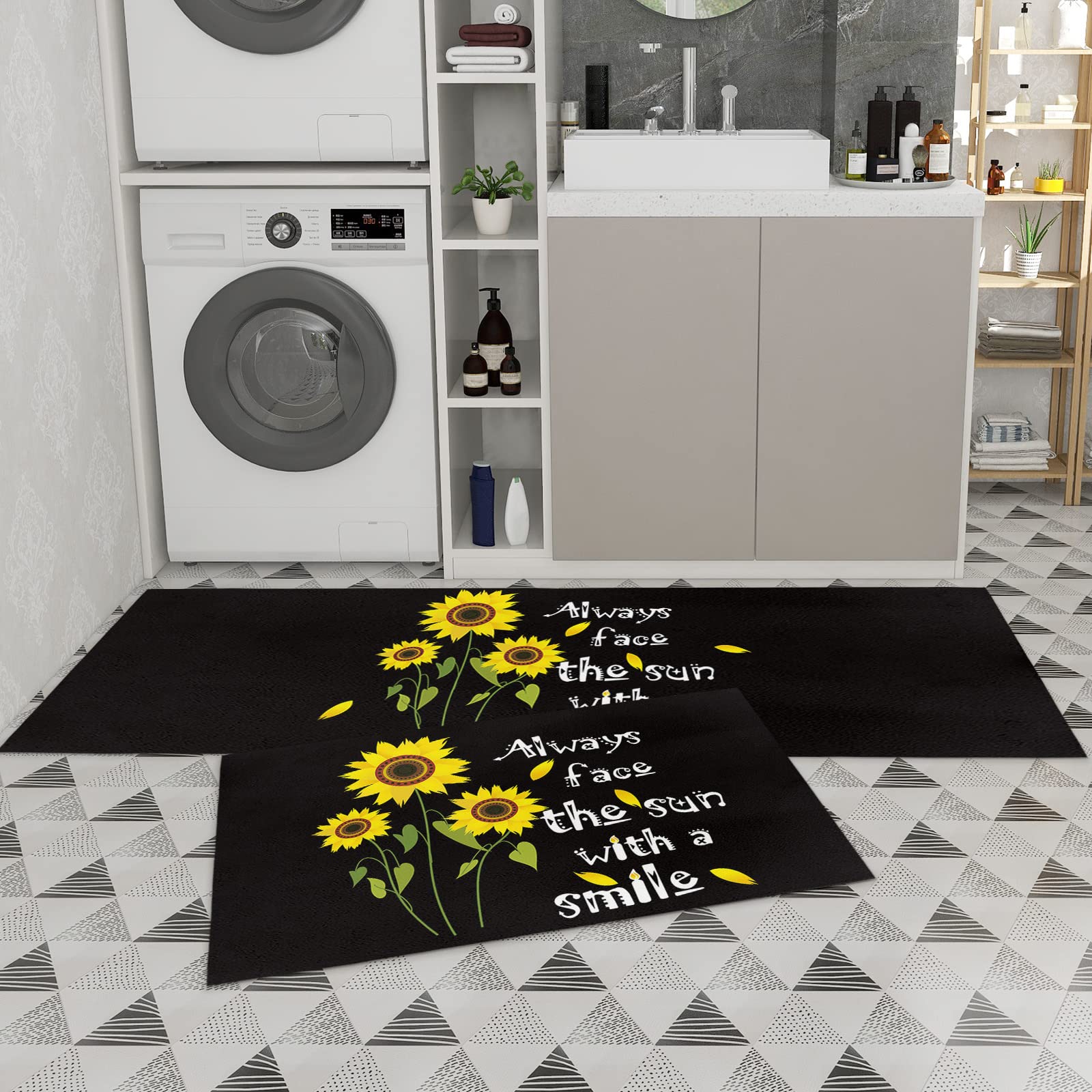 IDOWMAT Kitchen Rug Sets of 2 - Absorbent Non-Slip Kitchen Mats Farmhouse Yellow Sunflower Black Background Floor Comfort Mats Doormat for Kitchen Office Laundry 15.7x23.6in + 15.7x47.2in