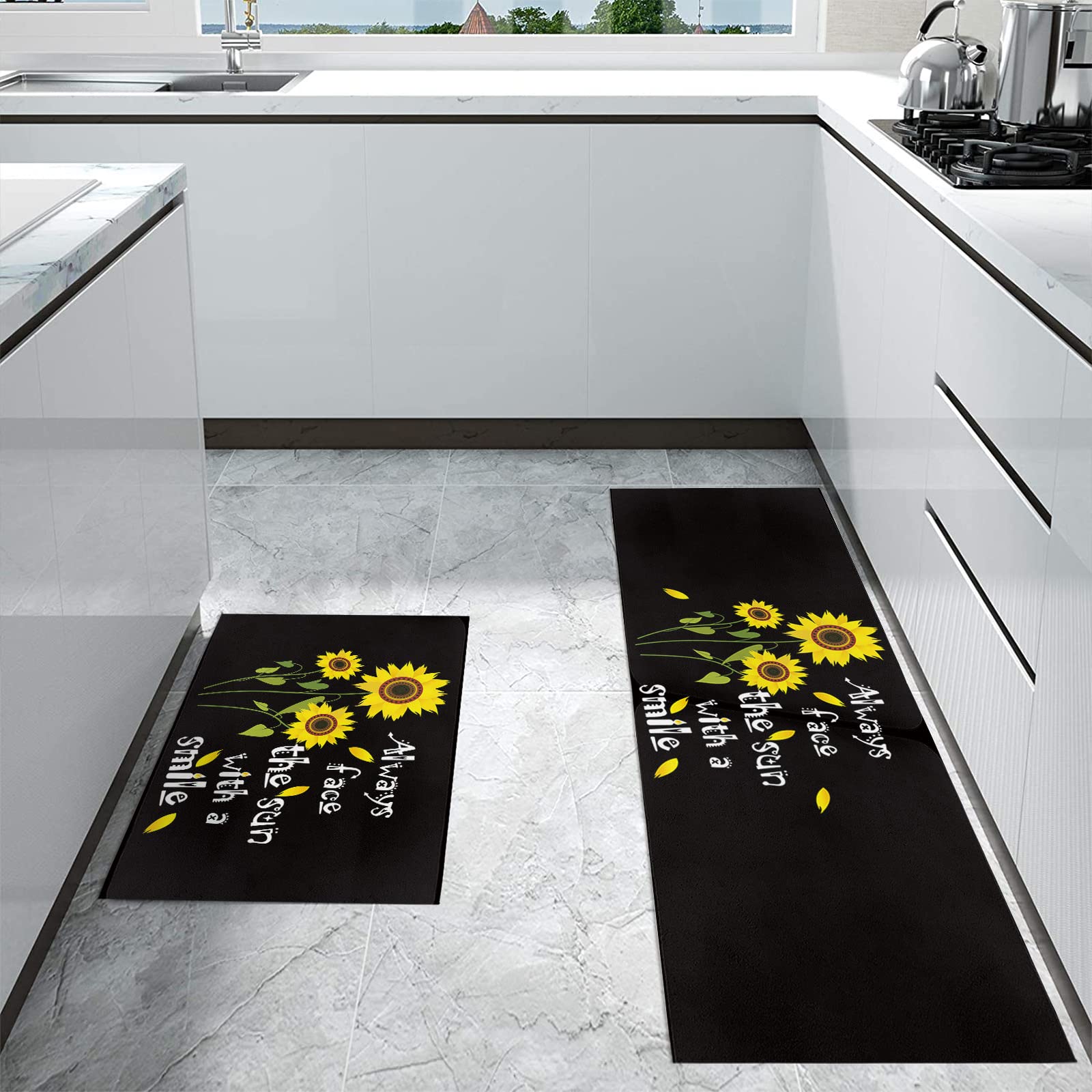 IDOWMAT Kitchen Rug Sets of 2 - Absorbent Non-Slip Kitchen Mats Farmhouse Yellow Sunflower Black Background Floor Comfort Mats Doormat for Kitchen Office Laundry 15.7x23.6in + 15.7x47.2in